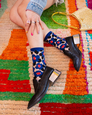 Sock Candy Bold Blue floral sheer sock blue floral socks and loafers